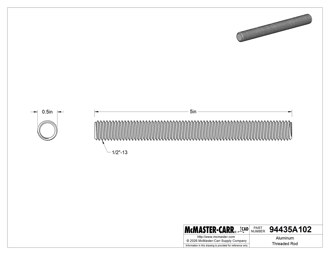 Technical Drawing of Aluminum Threaded Rod, 1/2"-13 Thread Size, 5" Long.